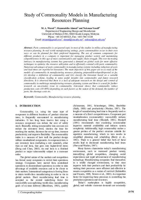 (PDF) Study of Commonality Models in Manufacturing Resources Planning