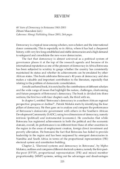 (PDF) Review: 40 Years of Democracy in Botswana 1965-2005