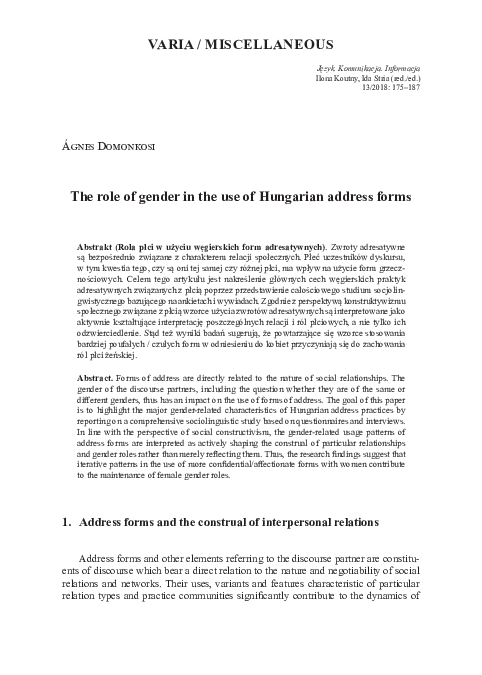 (PDF) The role of gender in the use of Hungarian address forms