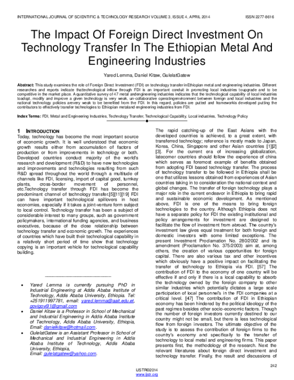 (PDF) The Impact Of Foreign Direct Investment On Technology Transfer In ...