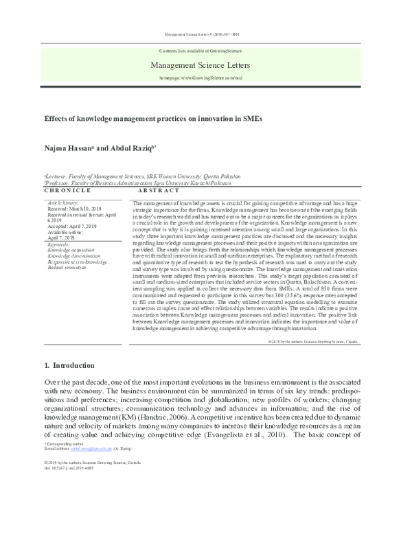 (PDF) Effects of knowledge management practices on innovation in SMEs