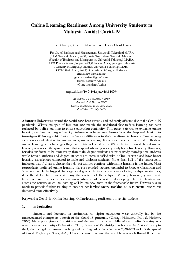 (PDF) Online Learning Readiness Among University Students in Malaysia ...
