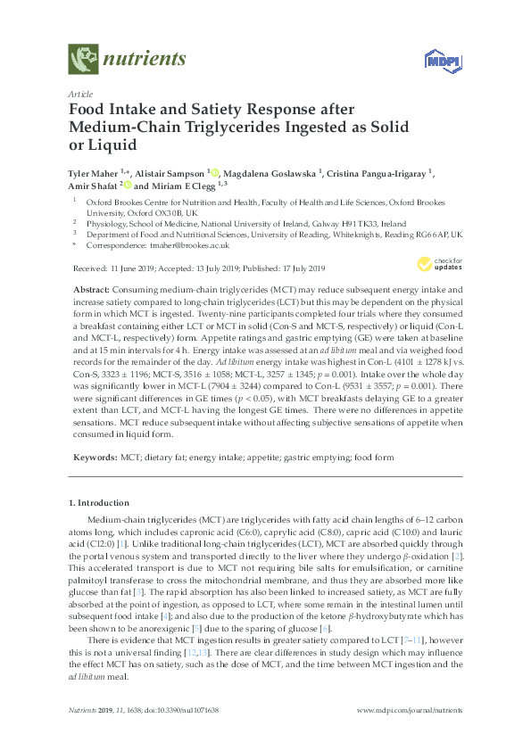 (PDF) Food Intake and Satiety Response after Medium-Chain Triglycerides ...