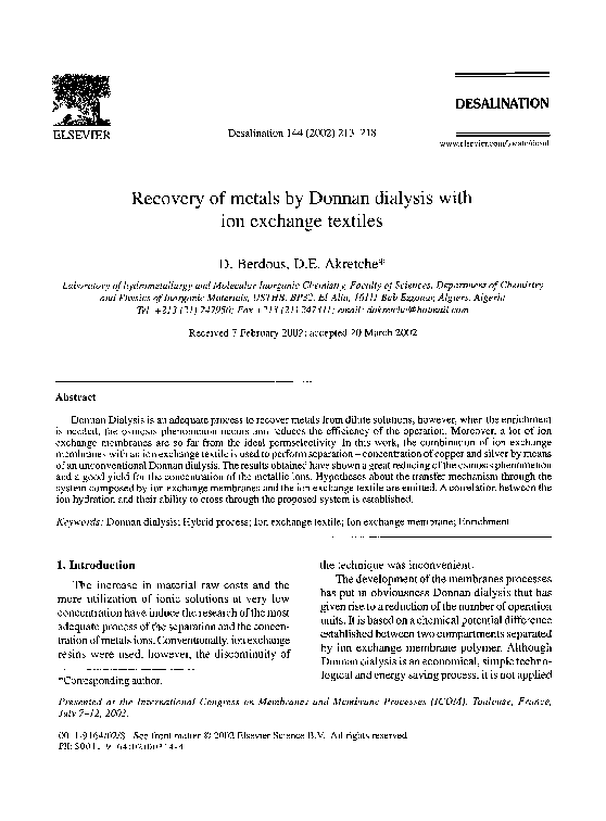 (PDF) Recovery of metals by Donnan dialysis with ion exchange textiles