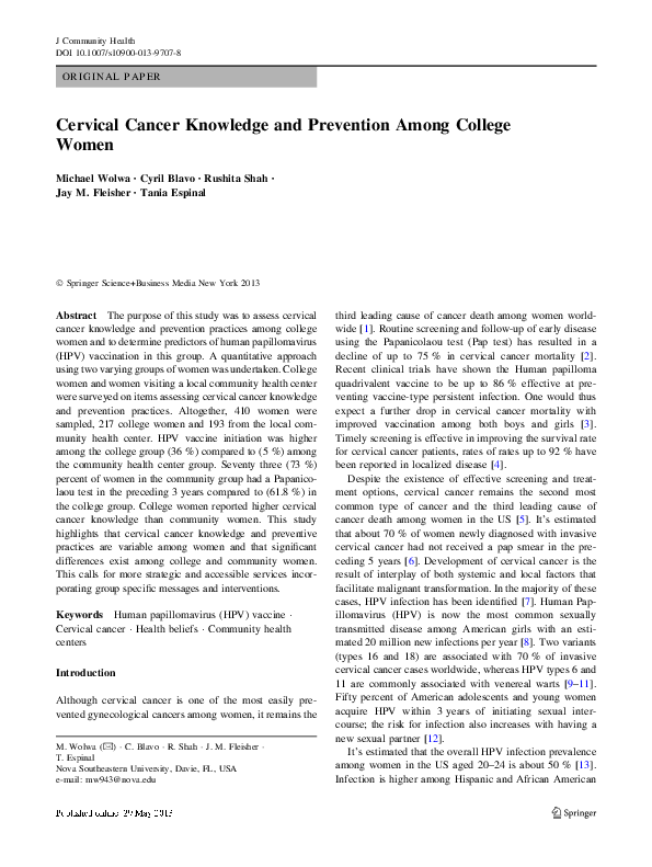 (PDF) Cervical Cancer Knowledge and Prevention Among College Women
