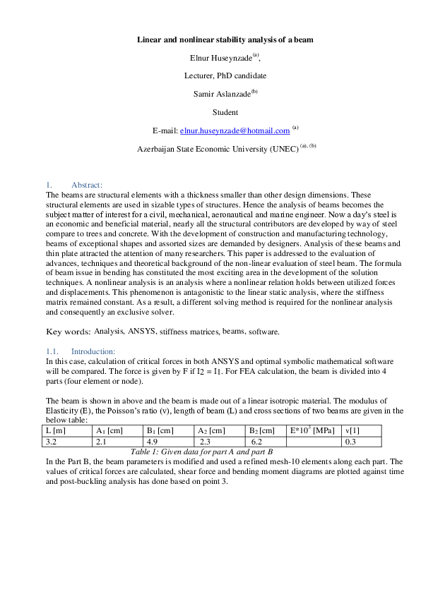 (PDF) Linear and nonlinear stability analysis of a beam
