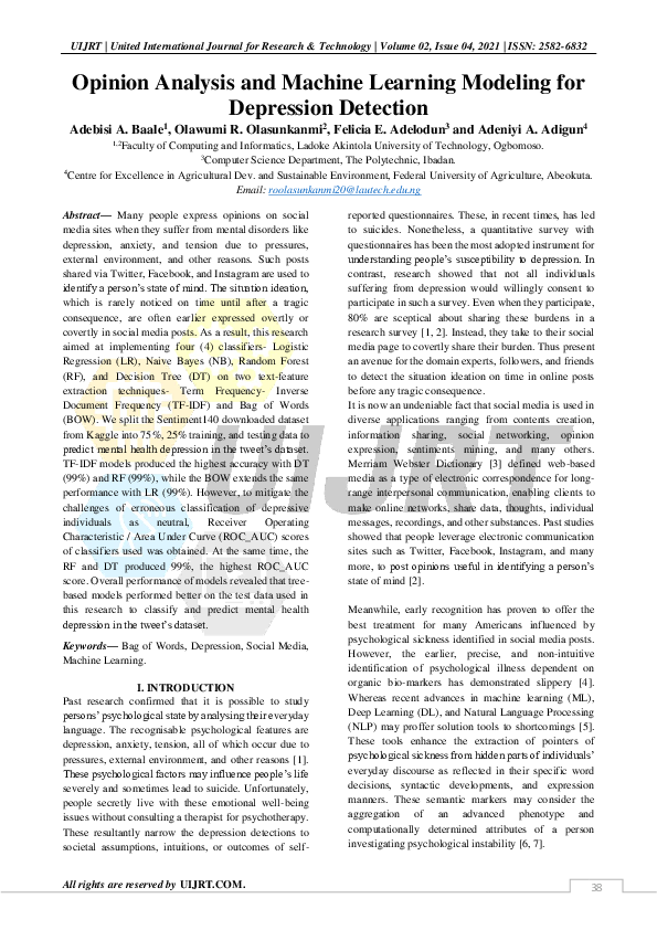 (PDF) Opinion Analysis and Machine Learning Modeling for Depression ...