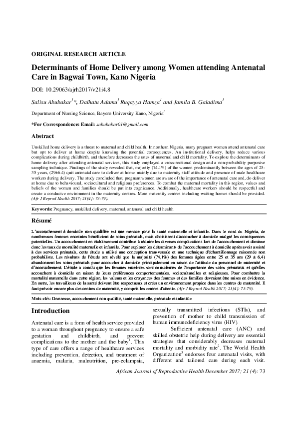 (PDF) Determinants of Home Delivery among Women attending Antenatal ...