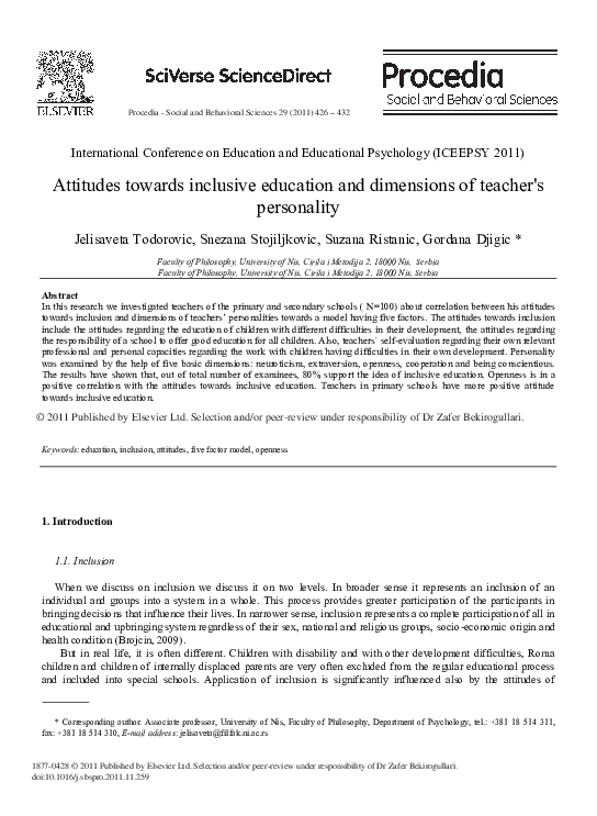 (PDF) Attitudes towards Inclusive Education and Dimensions of Teacher's ...