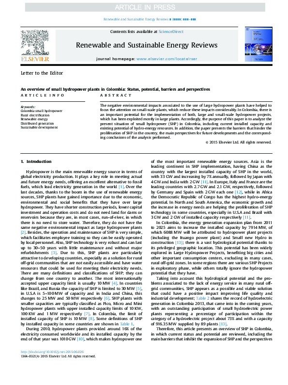 (PDF) An overview of small hydropower plants in Colombia: Status ...