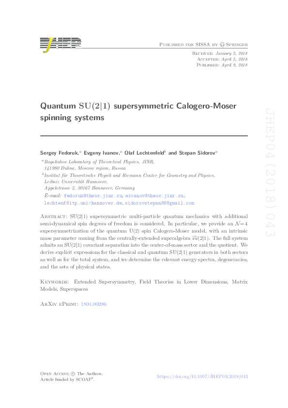 (PDF) Quantum SU(2|1) supersymmetric Calogero-Moser spinning systems