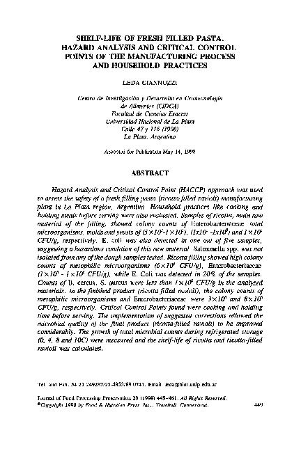(PDF) Shelf-Life of Fresh Filled Pasta. Hazard Analysis and Critical ...