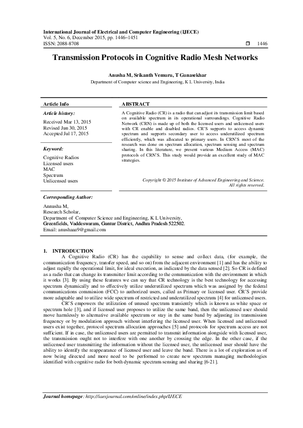 (PDF) Transmission protocols in Cognitive Radio Mesh Networks