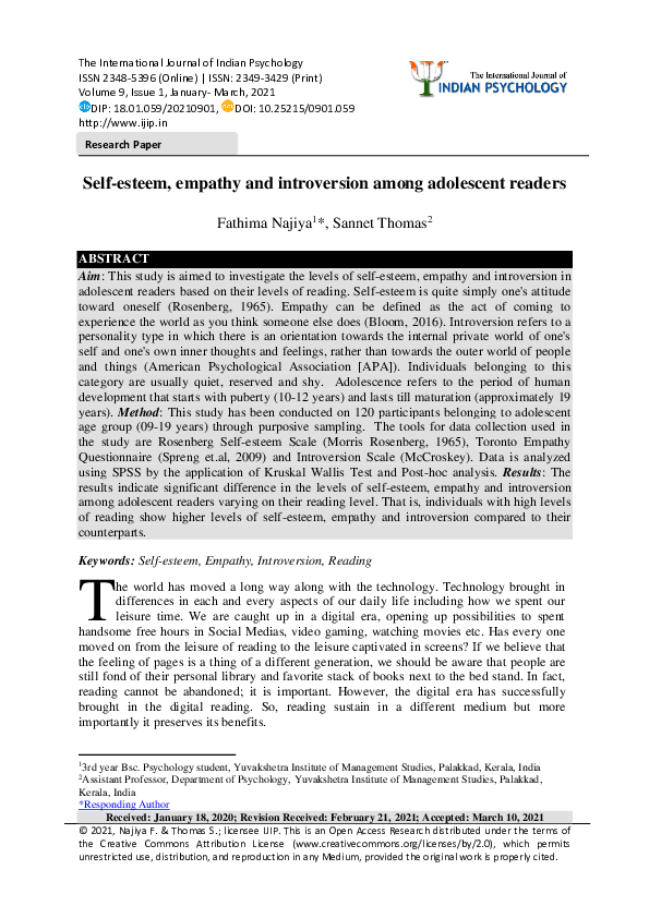 Pdf Self Esteem Empathy And Introversion Among Adolescent Readers