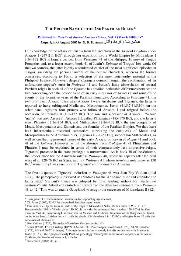 (PDF) THE PROPER NAME OF THE 2ND PARTHIAN RULER