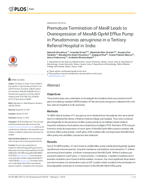 (PDF) Premature Termination of MexR Leads to Overexpression of MexAB ...