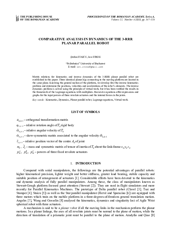 (PDF) Comparative Analysis in Dynamics of the 3-RRR Planar Parallel Robot