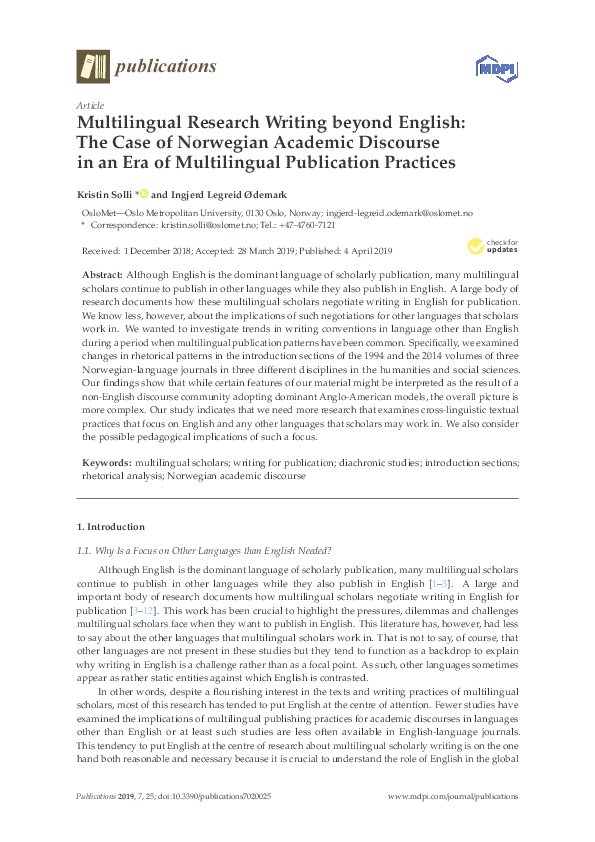 (PDF) Multilingual Research Writing beyond English: The Case of ...