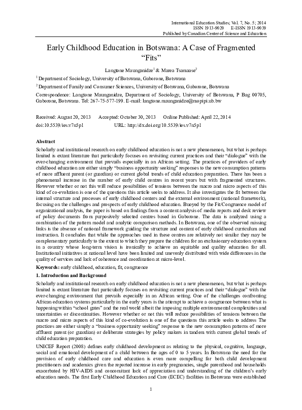 (PDF) Early Childhood Education in Botswana A Case of Fragmented “Fits” Marea Tsamaase