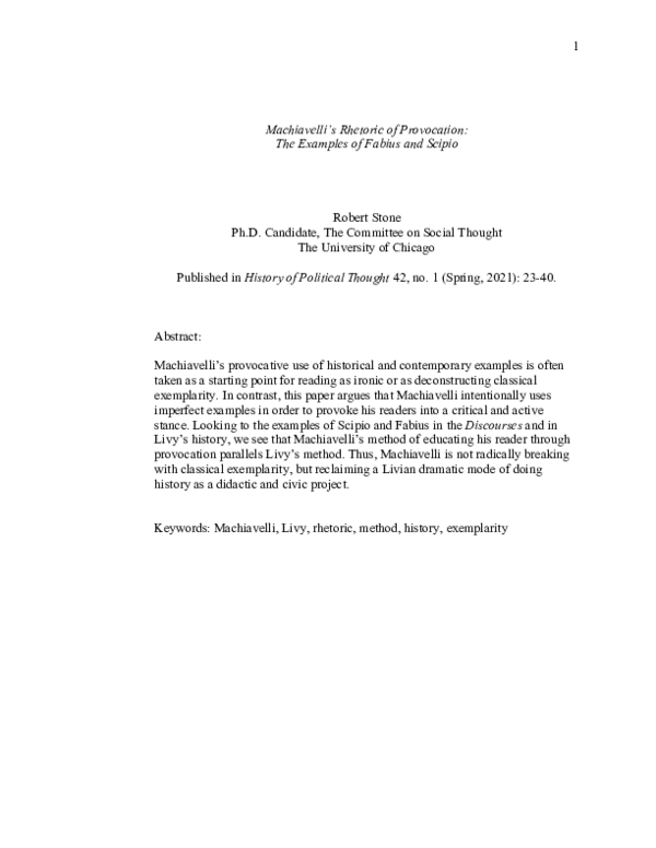 (PDF) Machiavelli's Rhetoric of Provocation The Examples of Fabius and