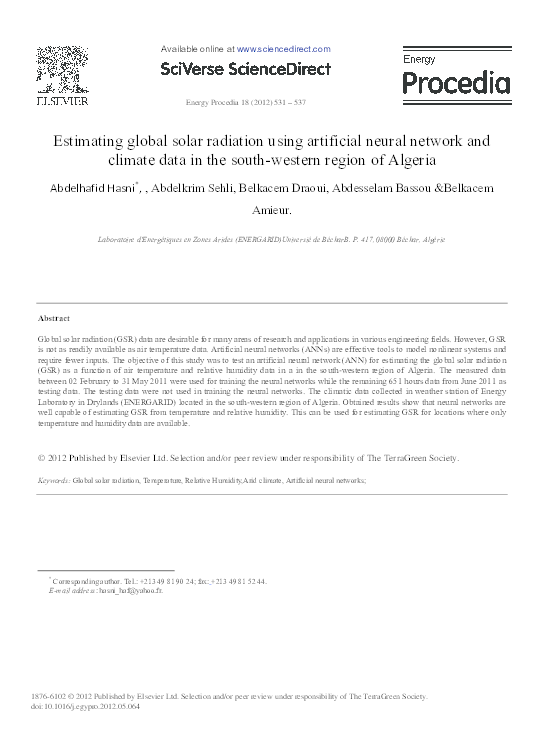 (PDF) Estimating Global Solar Radiation Using Artificial Neural Network ...