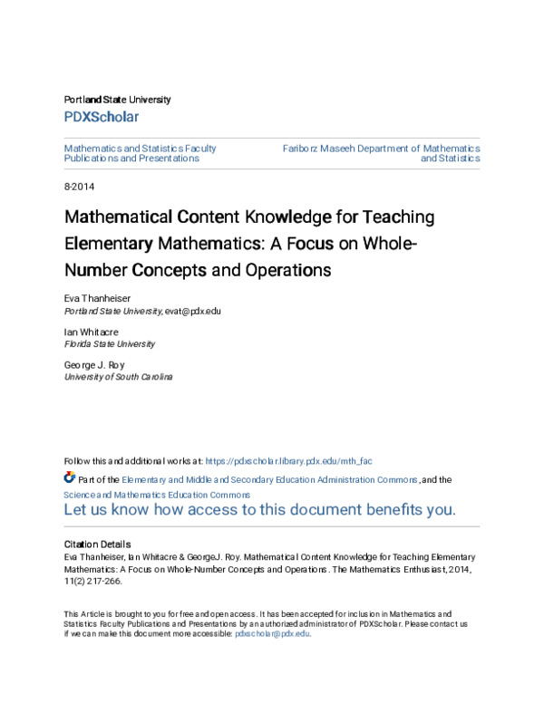 (PDF) Mathematical content knowledge for teaching elementary ...