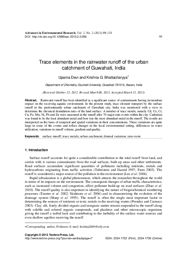(PDF) Trace elements in the rainwater runoff of the urban catchment of