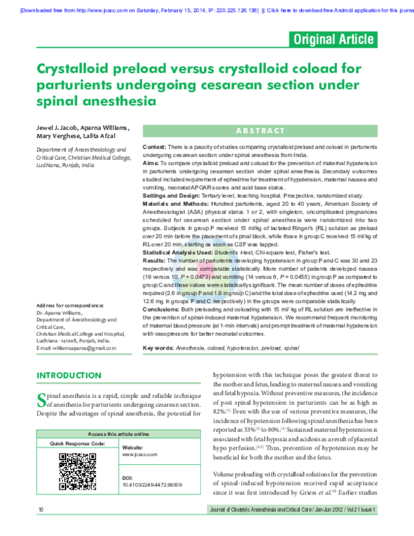(PDF) Crystalloid preload versus crystalloid coload for parturients ...