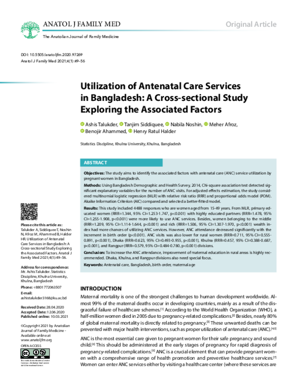(PDF) Utilization of Antenatal Care Services in Bangladesh: A Cross ...