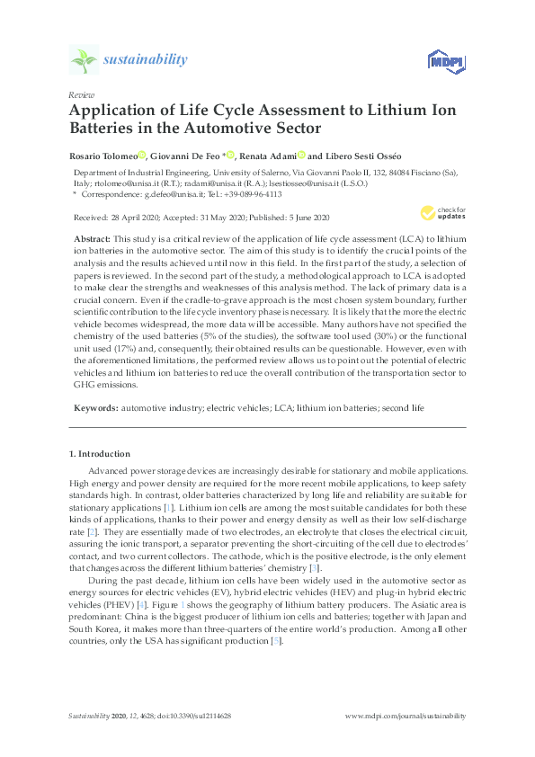 (PDF) Application of Life Cycle Assessment to Lithium Ion Batteries in ...