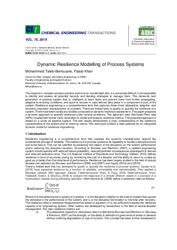 (PDF) Dynamic Resilience Modelling of Process Systems
