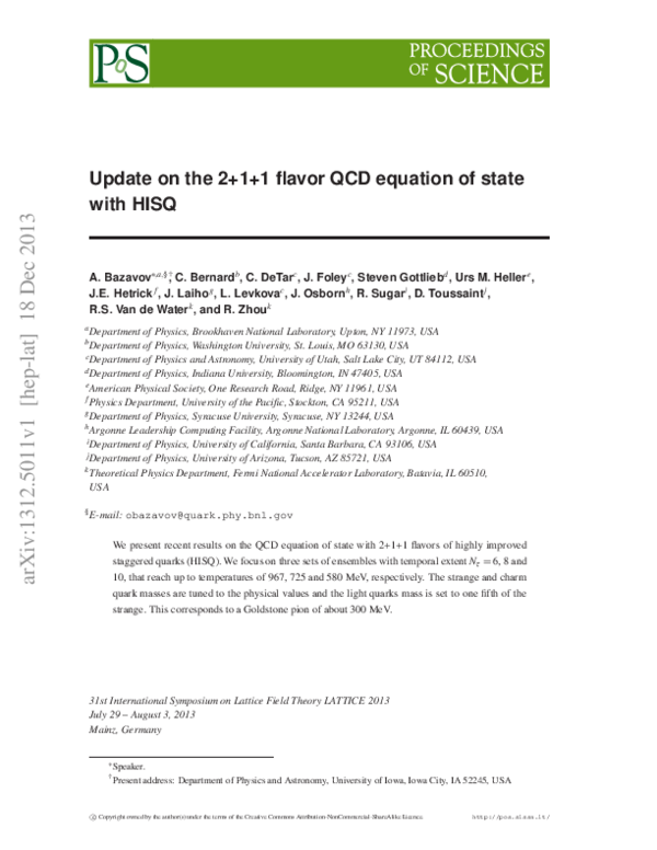 (PDF) Update on the 2+1+1 flavor QCD equation of state with HISQ