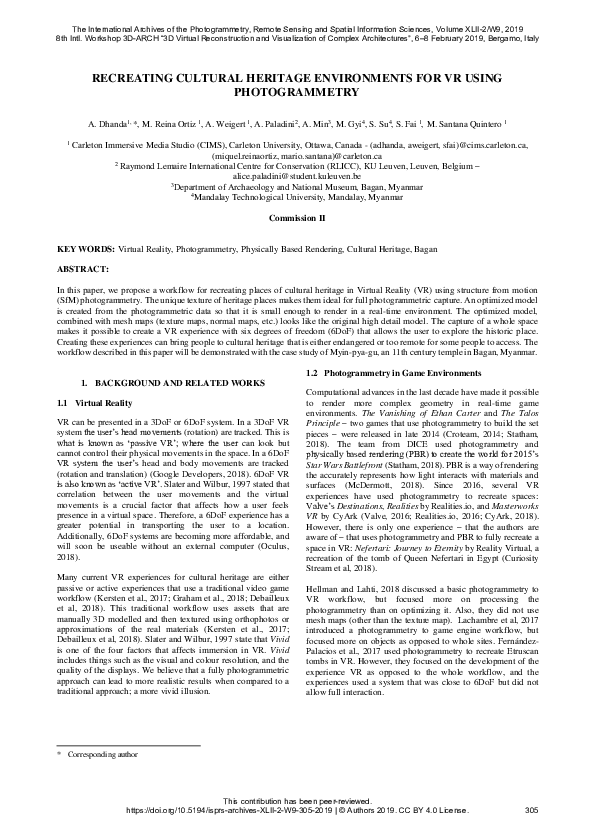 (PDF) Recreating Cultural Heritage Environments for VR Using Photogrammetry