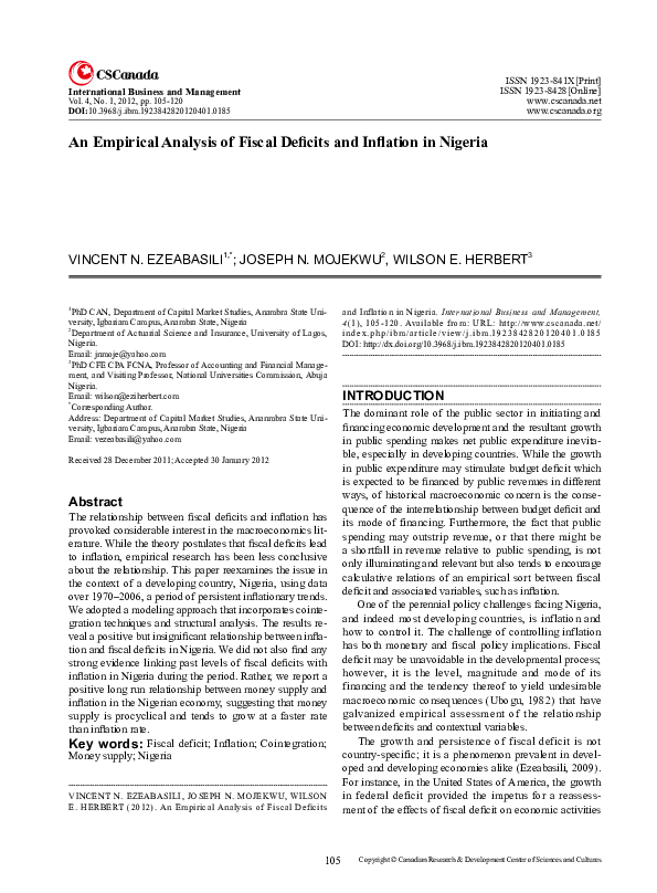 (PDF) An Empirical Analysis of Fiscal Deficits and Inflation in Nigeria