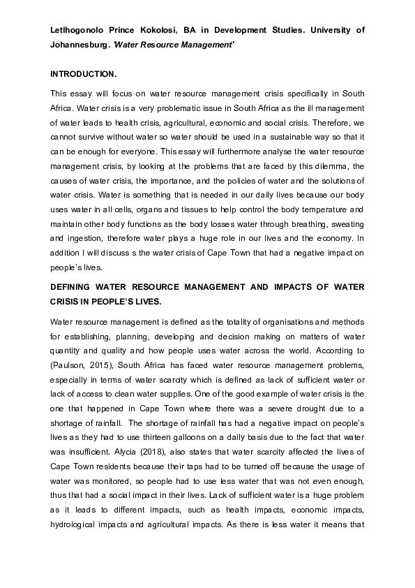 (DOC) Water Resource Management In Southern Africa