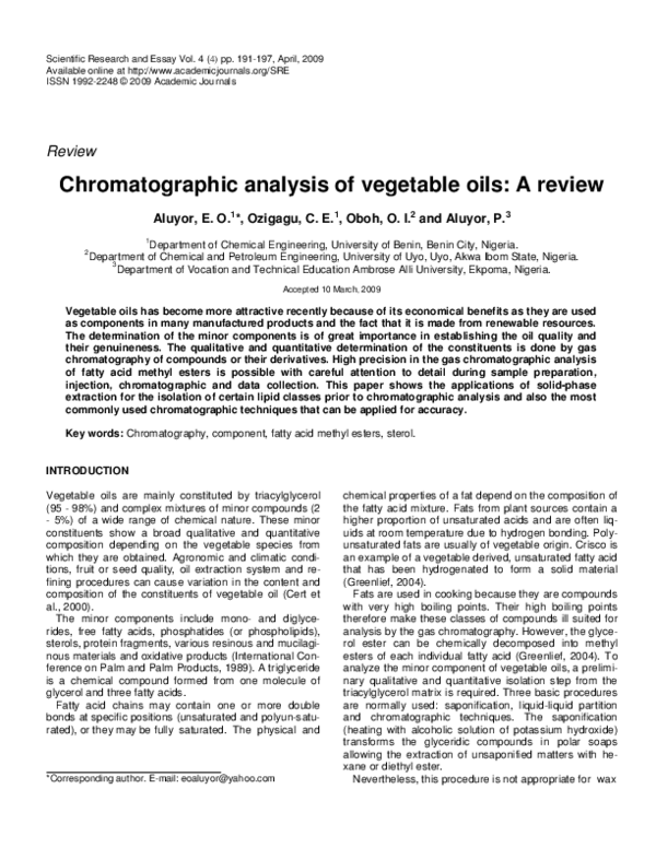 (PDF) Chromatographic analysis of vegetable oils A review Oseribho