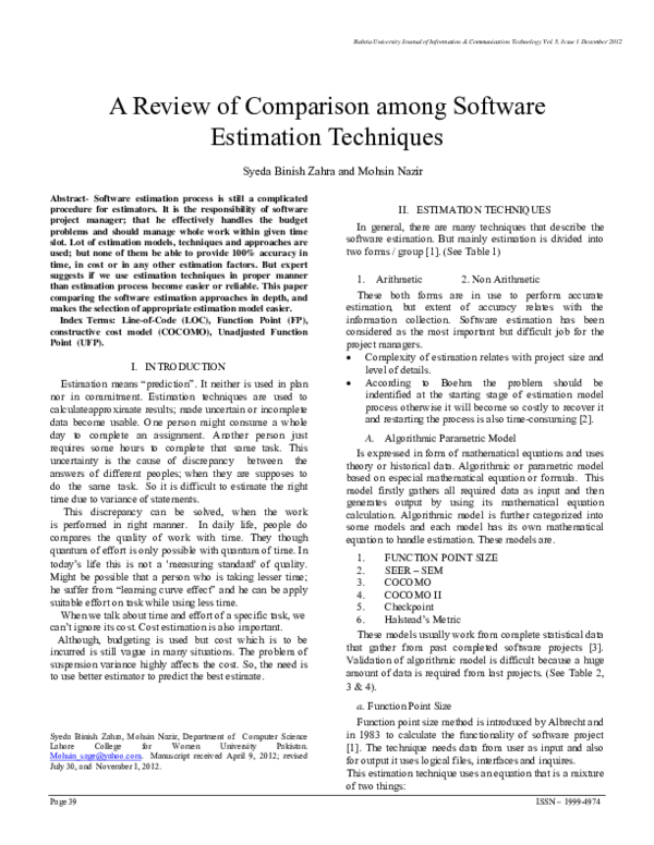 (PDF) A Review of Comparison among Software Estimation Techniques