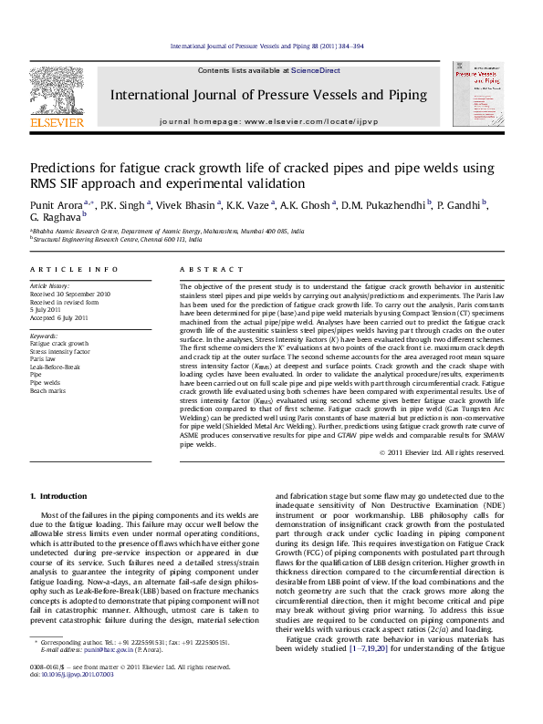 (PDF) Predictions for fatigue crack growth life of cracked pipes and ...