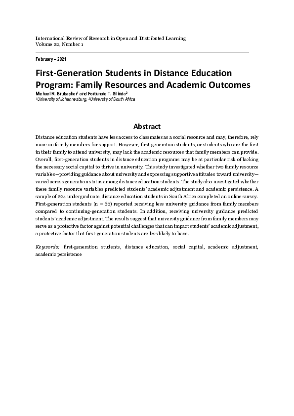 (PDF) First-Generation Students in Distance Education Program: Family ...
