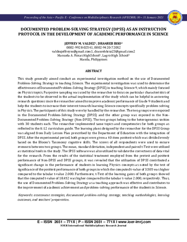 (PDF) DOCUMENTED PROBLEM-SOLVING STRATEGY (DPSS) AS AN INSTRUCTION ...