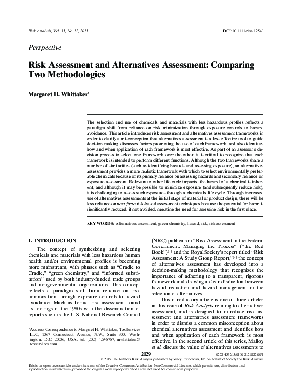 (PDF) Risk Assessment and Alternatives Assessment: Comparing Two ...