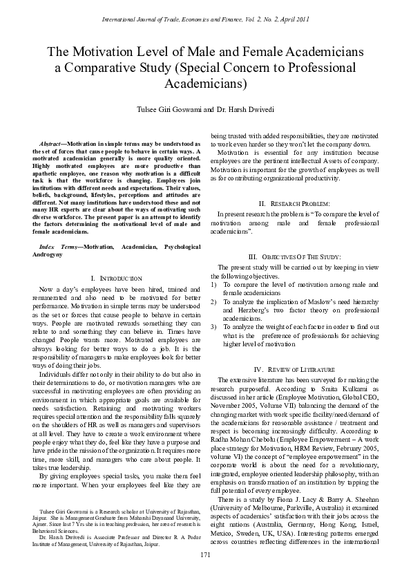 (PDF) The Motivation Level of Male and Female Academicians a ...