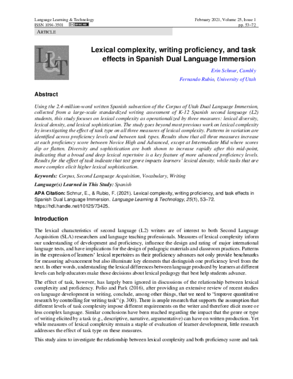 (PDF) Lexical complexity, writing proficiency, and task effects in ...
