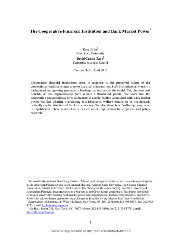 The Cooperative Financial Institution and Bank Market Power