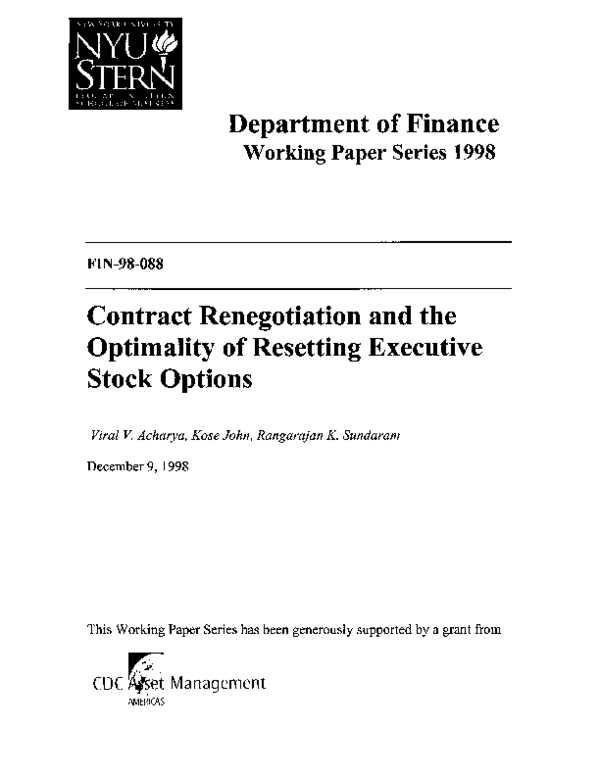 (PDF) Contract Renegotiation and the Optimality of Resetting Executive ...