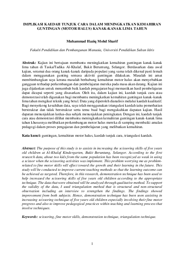 Pdf Implikasi Kaedah Tunjuk Cara Dalam Meningkatkan Kemahiran Guntingan Motor Halus Kanak Kanak Lima Tahun Haziq Sharif Academia Edu