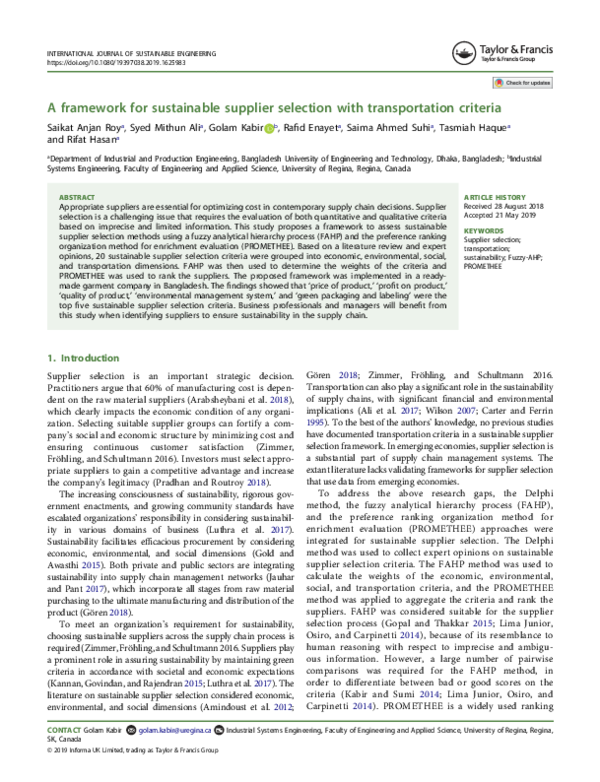 (PDF) A framework for sustainable supplier selection with ...