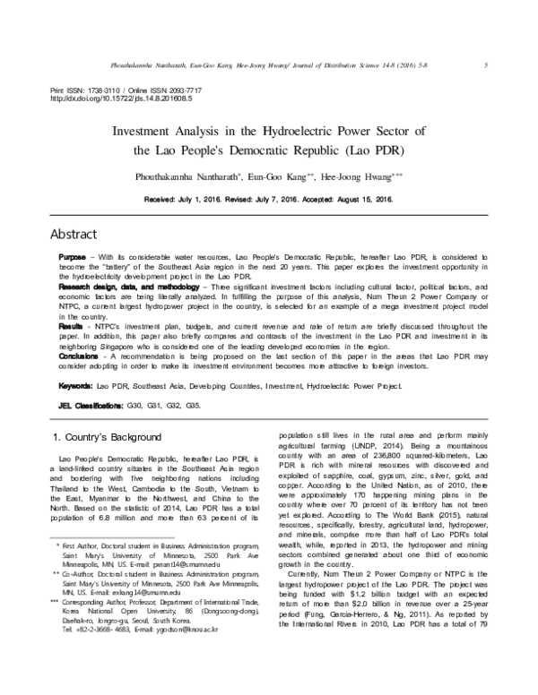 (PDF) Investment Analysis in the Hydroelectric Power Sector of the Lao ...