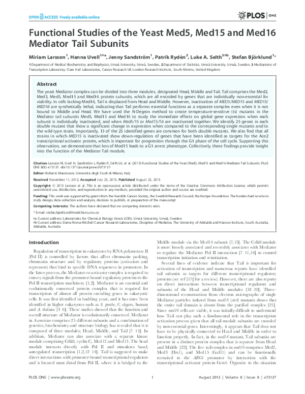 (PDF) Functional Studies of the Yeast Med5, Med15 and Med16 Mediator ...