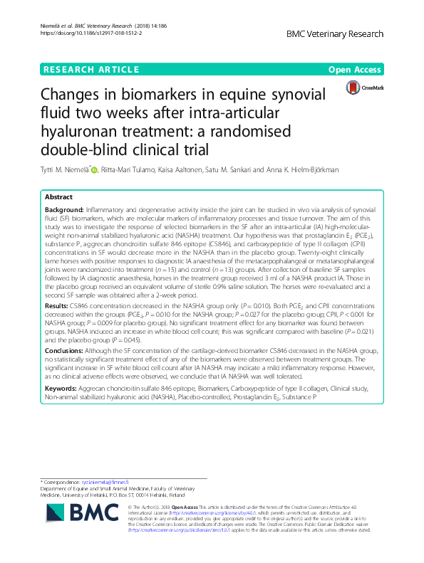 (PDF) Changes in biomarkers in equine synovial fluid two weeks after ...